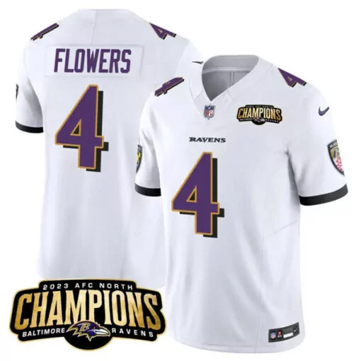 Zay Flowers 4 Baltimore Ravens Jersey White AFC North Champions 2023 Men Purple Black