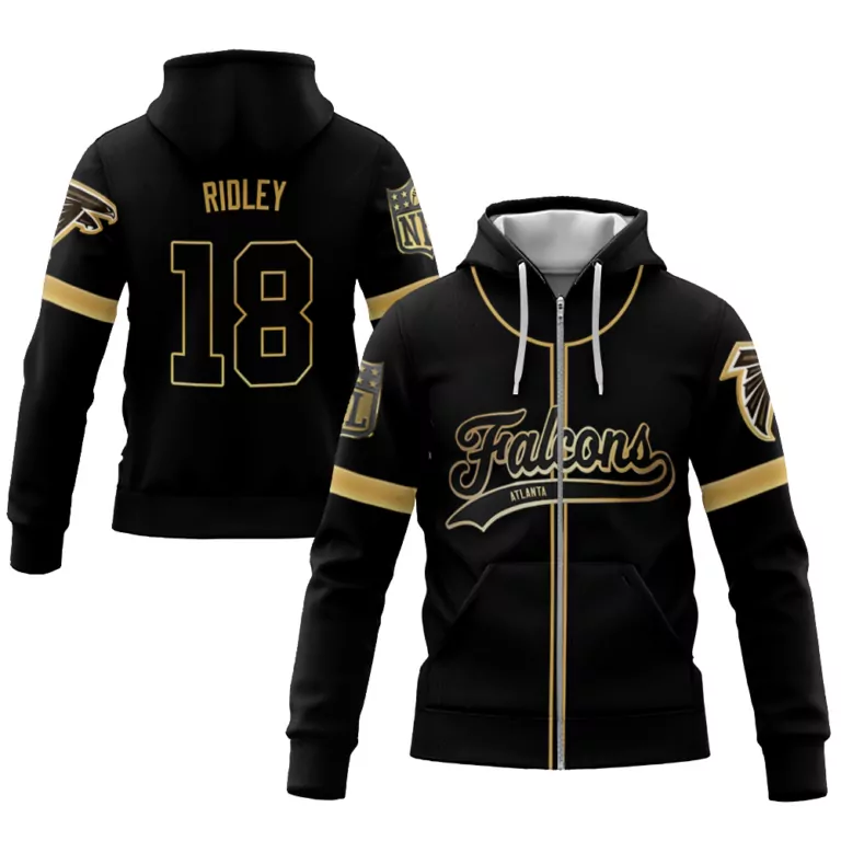Calvin Ridley 18 Atlanta Falcons Jersey Black Men Full Zip Hoodie Gold Custom Flex