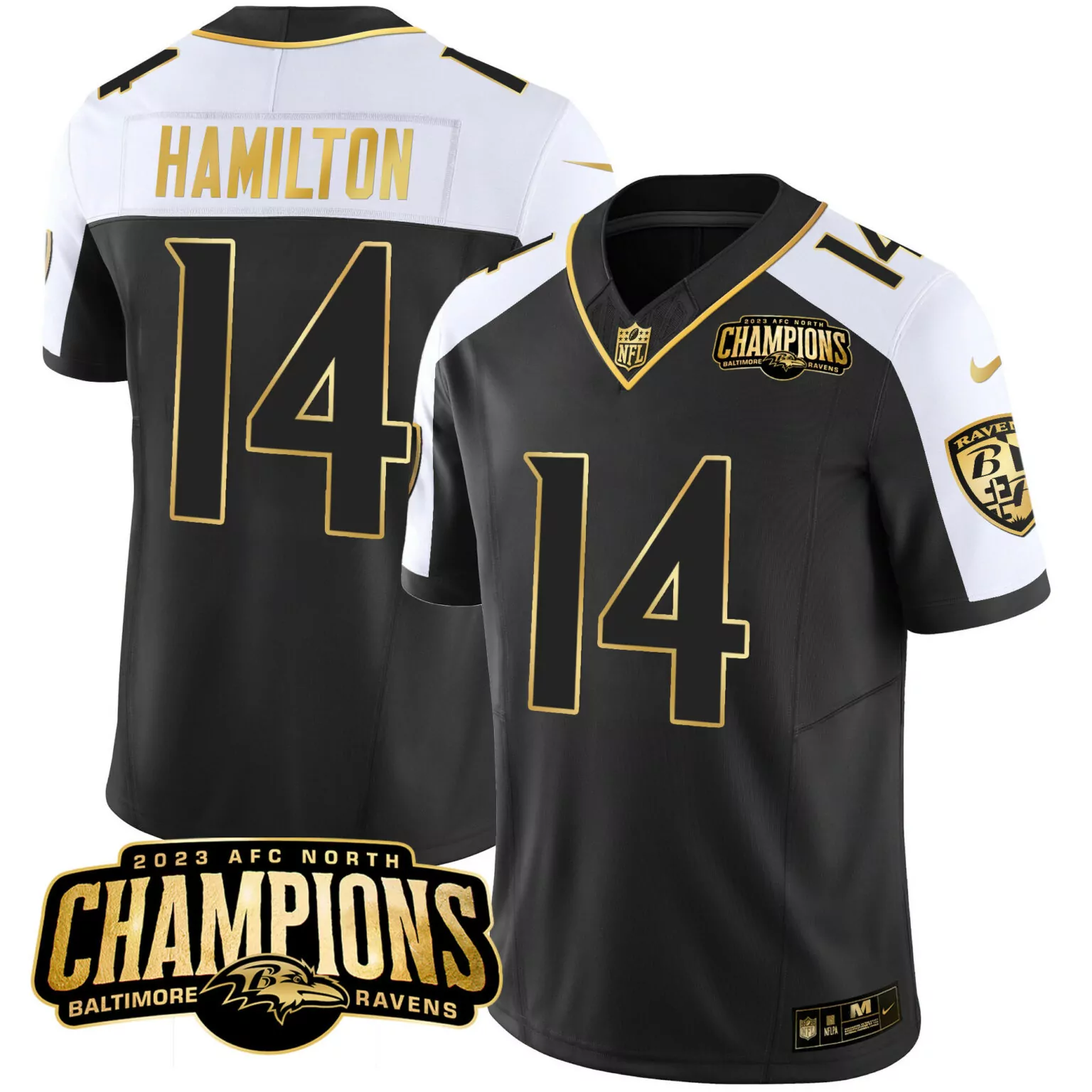 Kyle Hamilton 14 Baltimore Ravens Jersey Black 2023 AFC North Champions Men Alternate