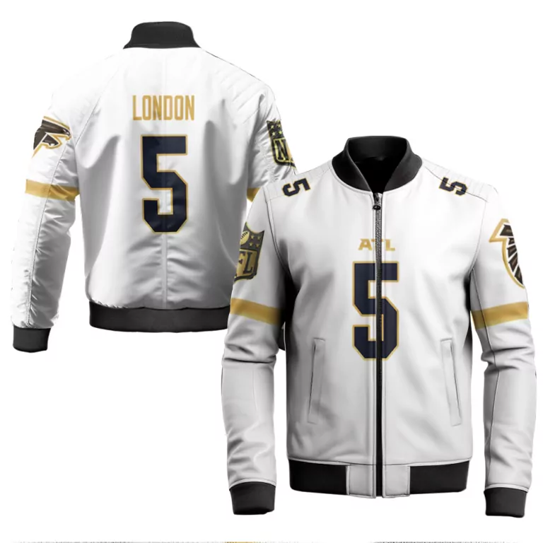 Drake London 5 Atlanta Falcons Jersey White Men Bomber Jacket Gold Navy