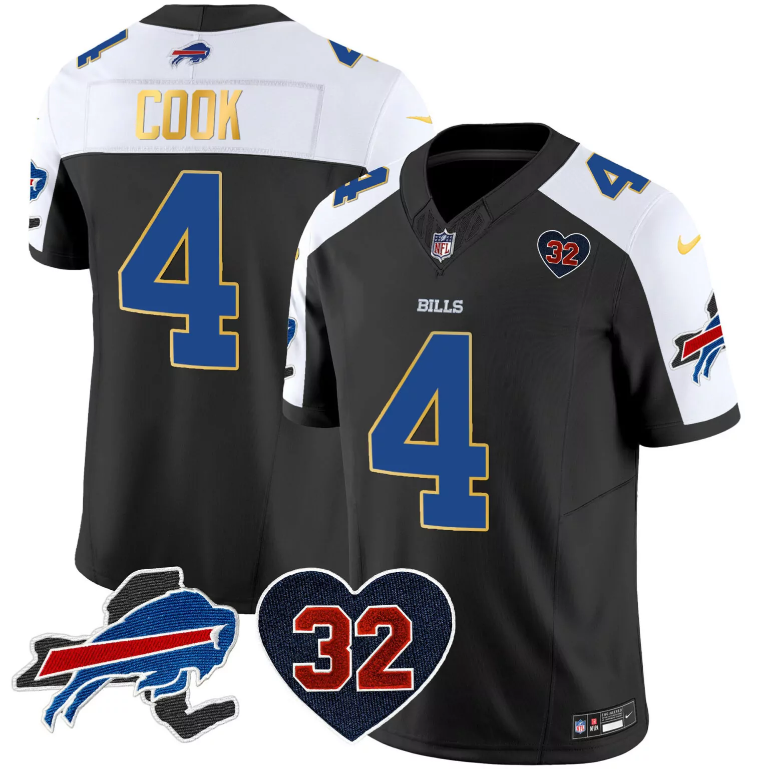 James Cook 4 Bills Jersey Black Damar Hamlin 32 Tribute Buffalo Heart Shaped 2023