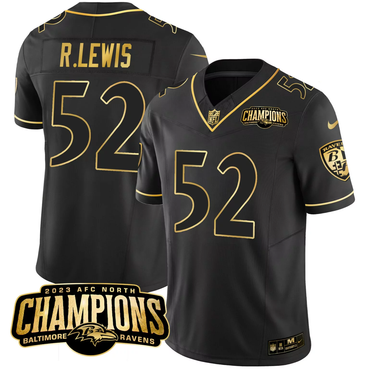 Ray Lewis 52 Baltimore Ravens Jersey Black 2023 AFC North Champions Nflpa Men Gold