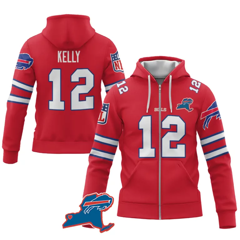Jim Kelly 12 Buffalo Bills Jersey Red Men Hoodie White Blue