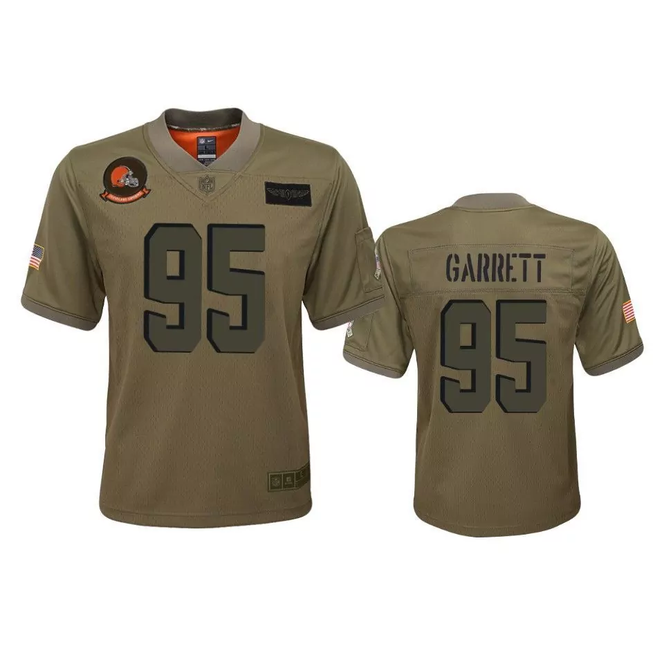 Myles Garrett 95 Cleveland Browns Jersey Olive Green Salute To Service Us Flag Helmet