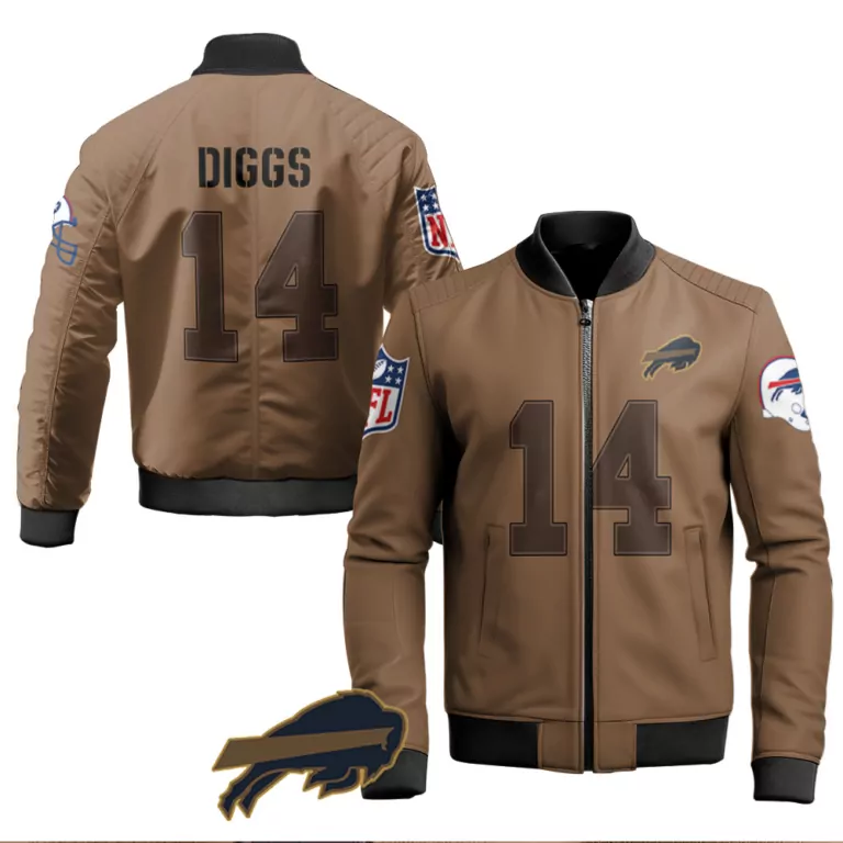 Stefon Diggs 14 Buffalo Bills Jersey Brown Men Bomber Jacket Black Limited