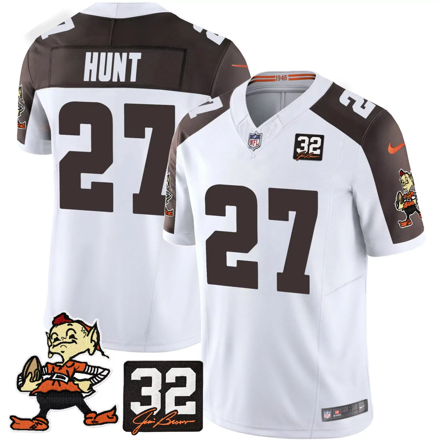 Hunt 27 Cleveland Browns Jersey White 32 Jim Brown Men Standard Alternate v2 All