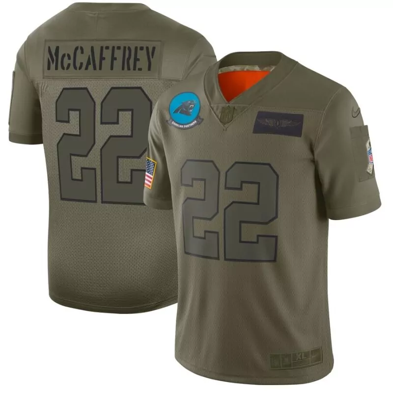 Christian Mccaffrey 22 Jersey Olive Green Salute To Service Carolina Panthers Us Flag