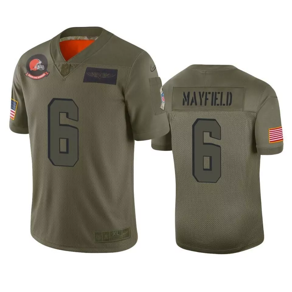 Baker Mayfield 6 Cleveland Browns Jersey Olive Green Salute To Service Us Flag Men