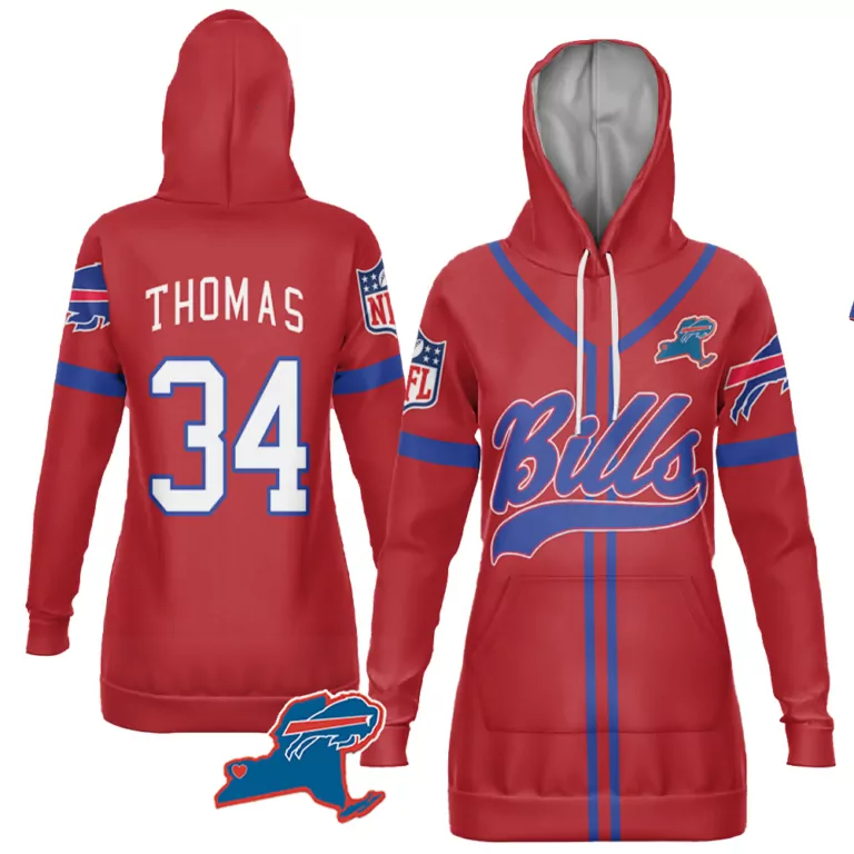 Thurman Thomas 34 Buffalo Bills Jersey Red Women Hoodie Blue