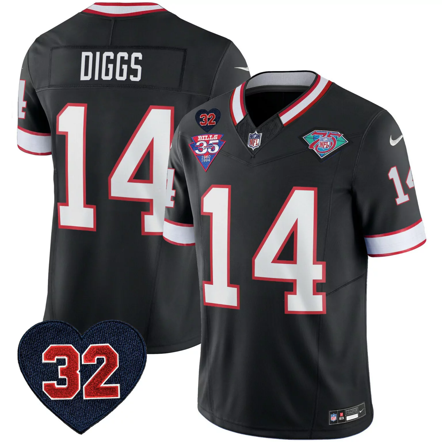Stefon Diggs 14 Buffalo Bills Jersey Black 75th Anniversary Men Red White Throwback