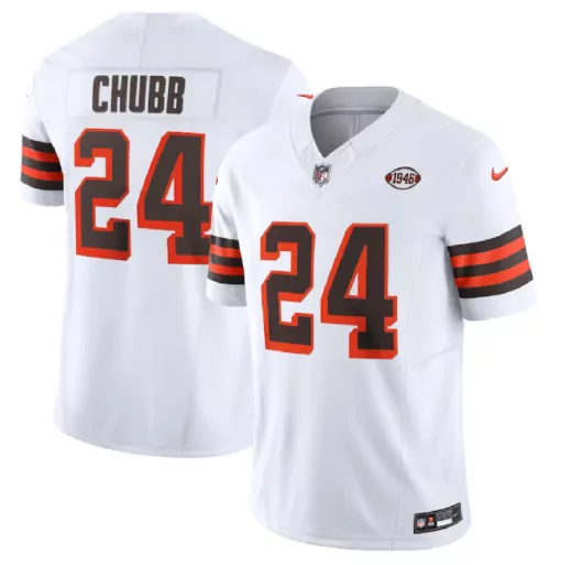 Nick Chubb 24 Cleveland Browns Jersey White Men Short Sleeve Brown Orange Collection
