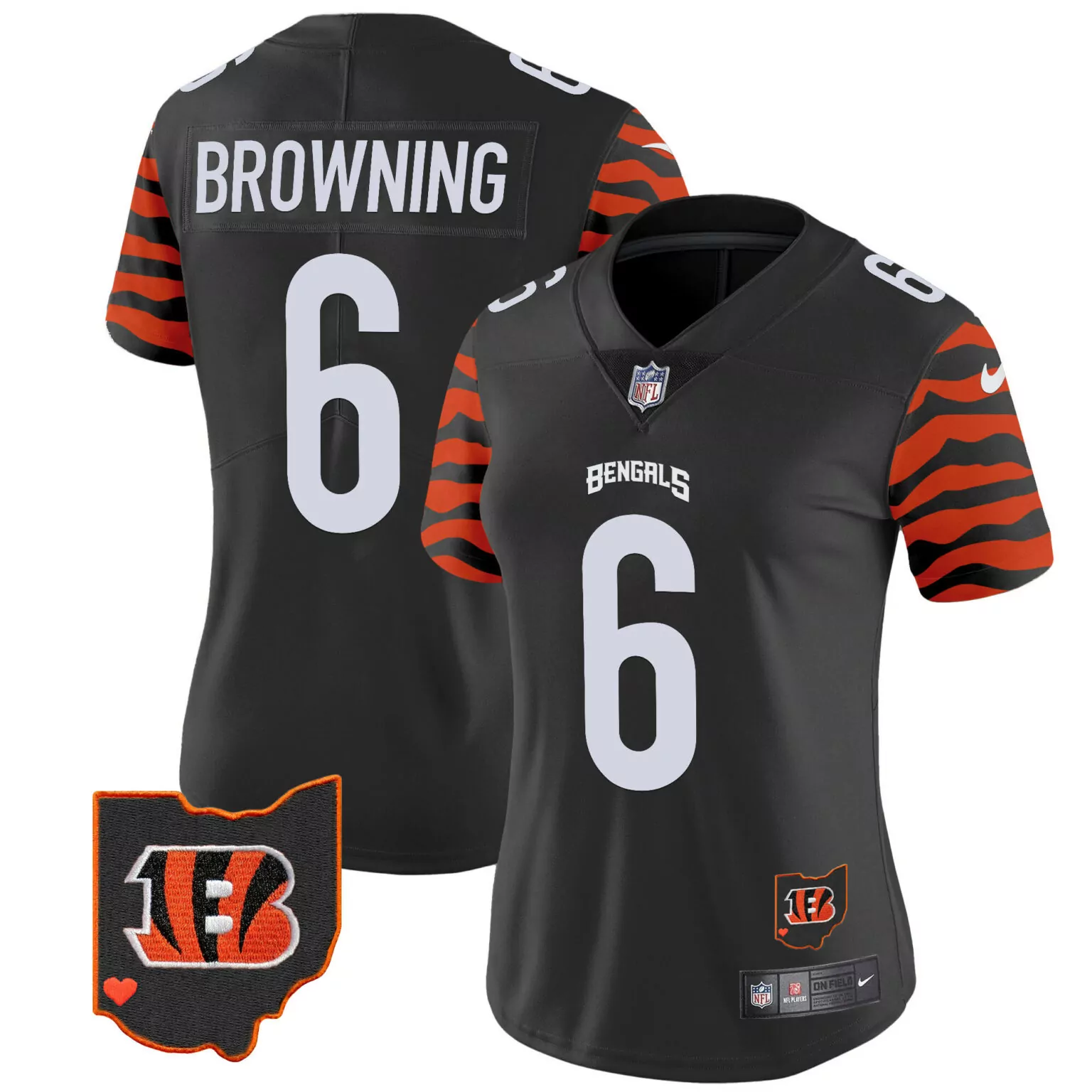 Jake Browning 6 Bengals Jersey Black Ohio Outline Heart Women Player Orange White