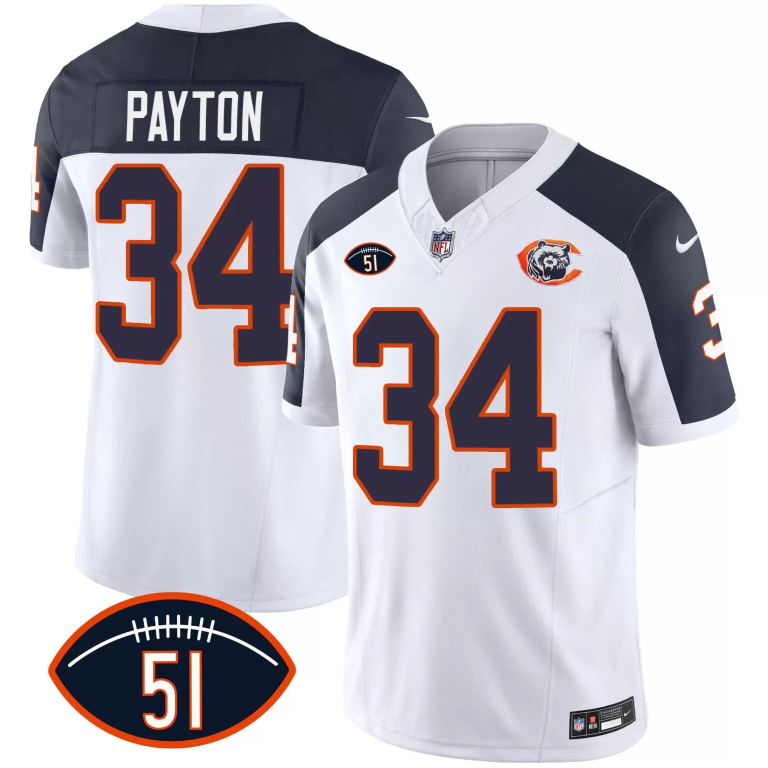 Walter Payton 34 Chicago Bears Jersey White Nflpa Men Alternate Navy Blue Orange