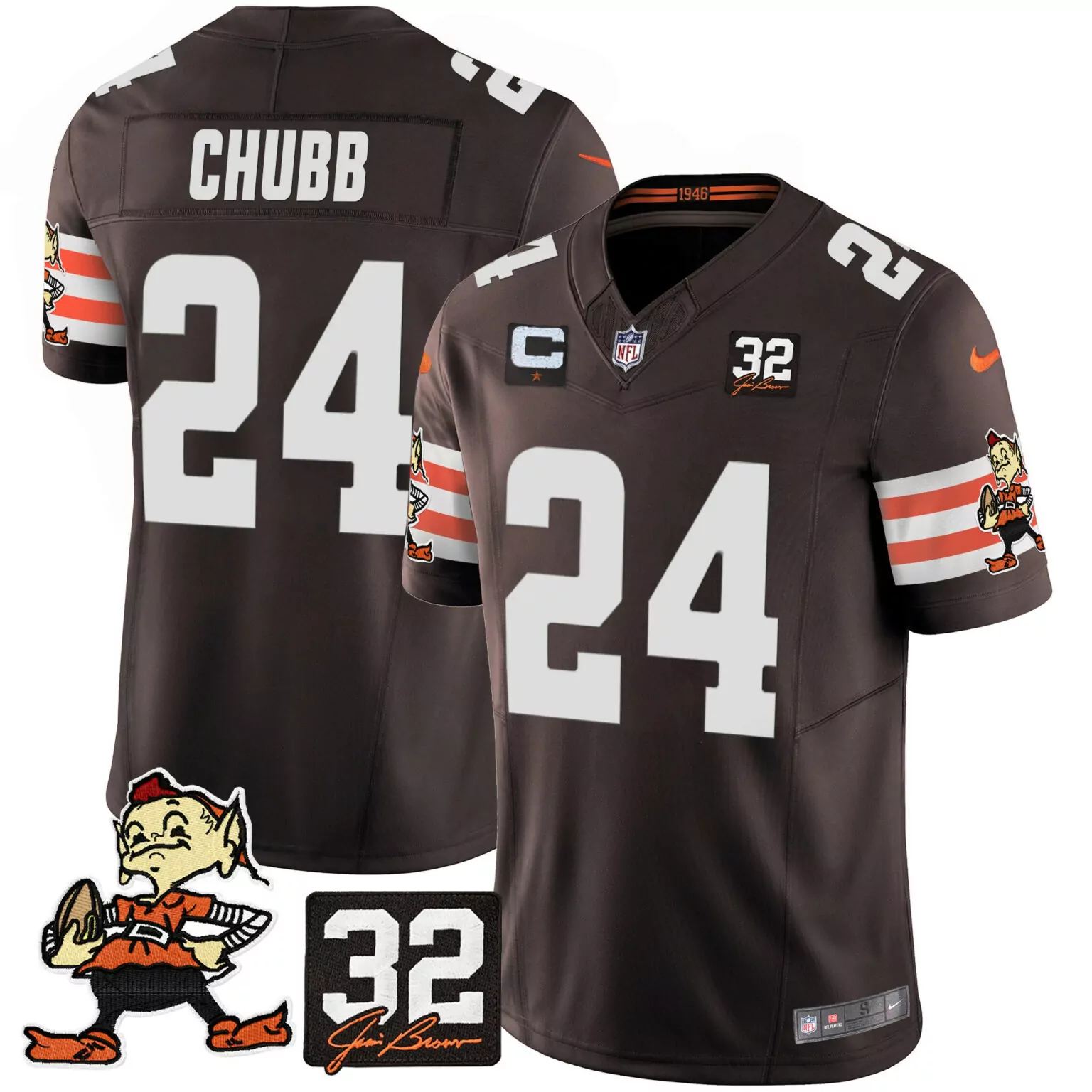Nick Chubb 24 Cleveland Browns Jersey Brown 1946 Men Game White Orange v2 All Stitched