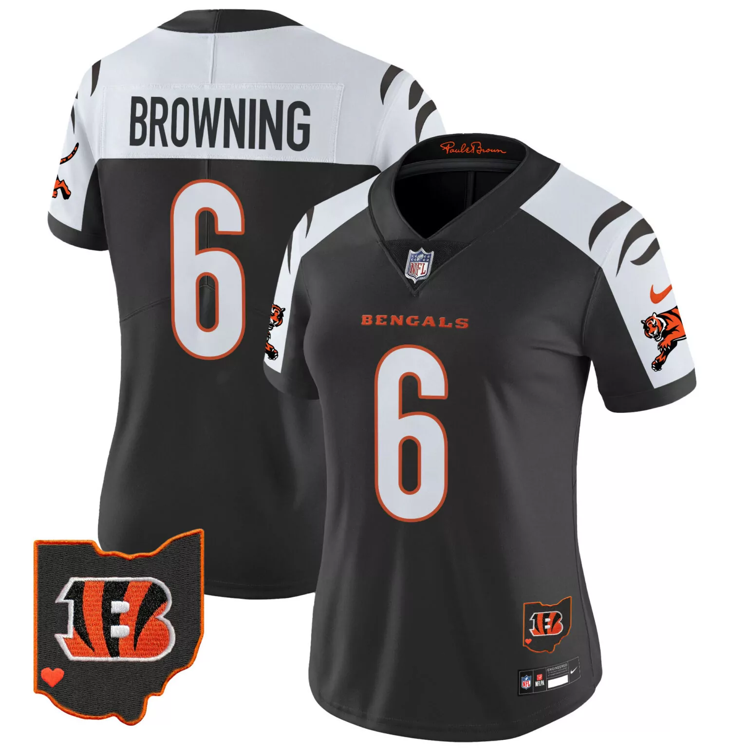 Jake Browning 6 Bengals Jersey Black Ohio Outline Heart Women Standard White Orange