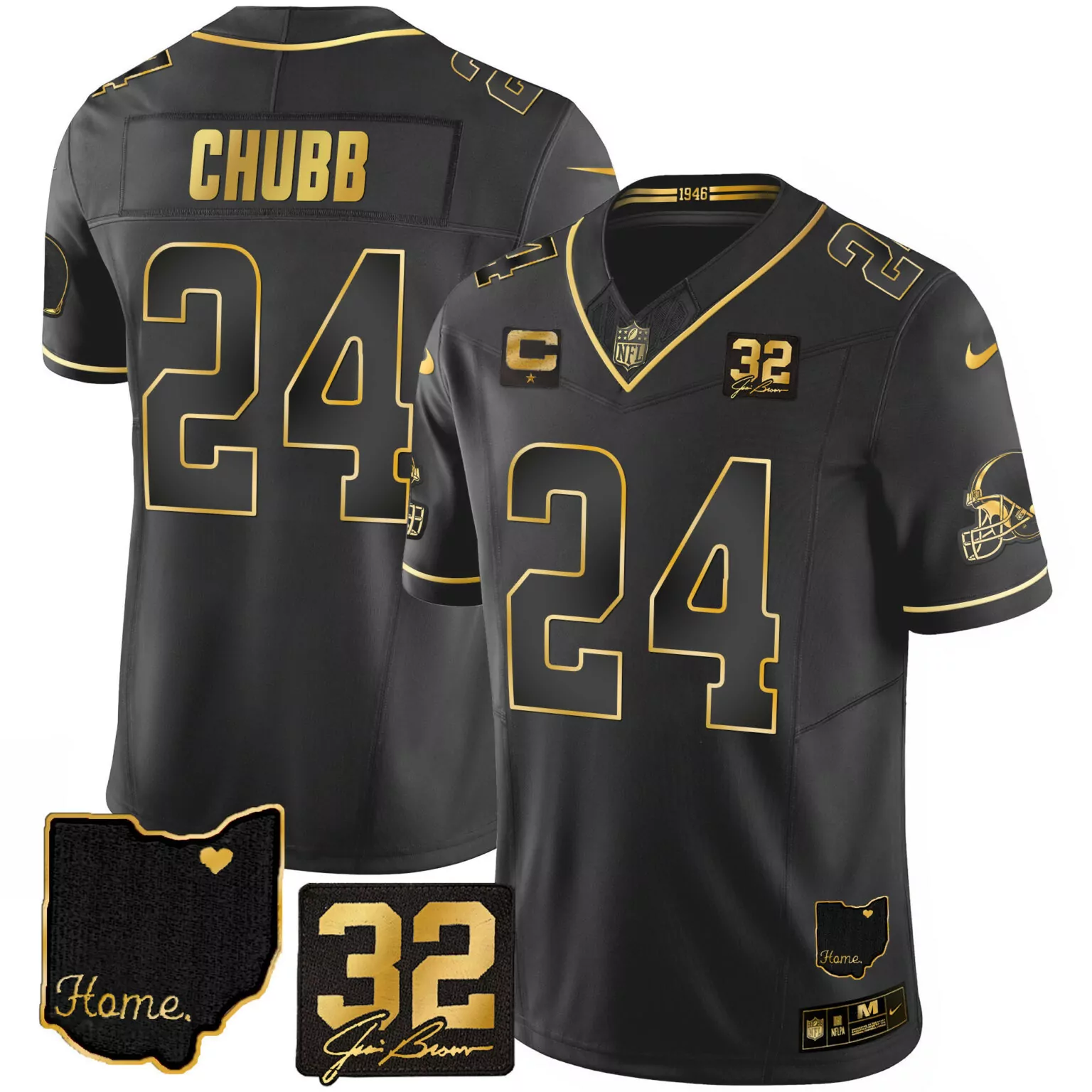 Nick Chubb 24 Cleveland Browns Jersey Black Legacy Ohio Shape Heart Jim Brown 32