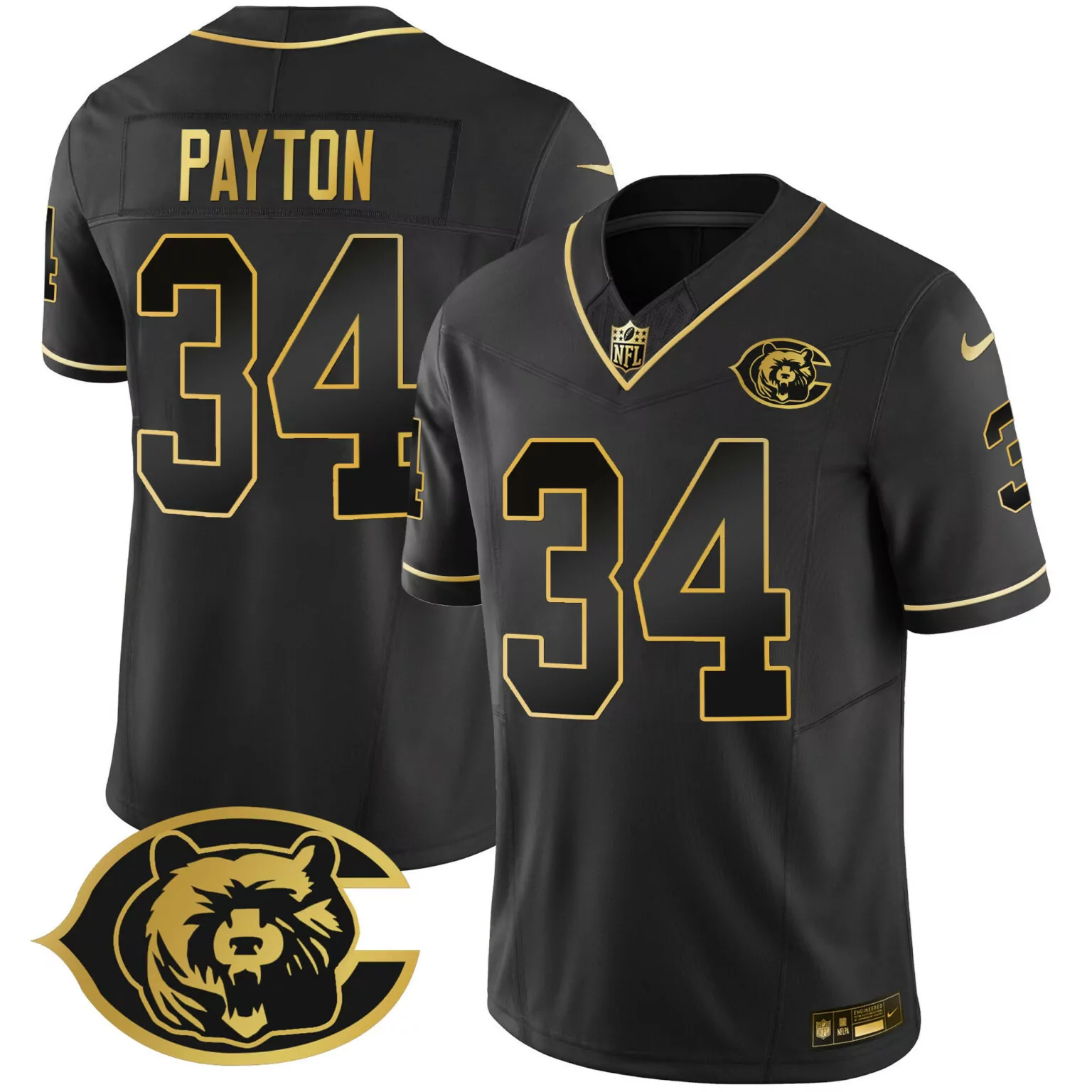 Walter Payton 34 Chicago Bears Jersey Black City Connect Men Gold Throwback All Stitched