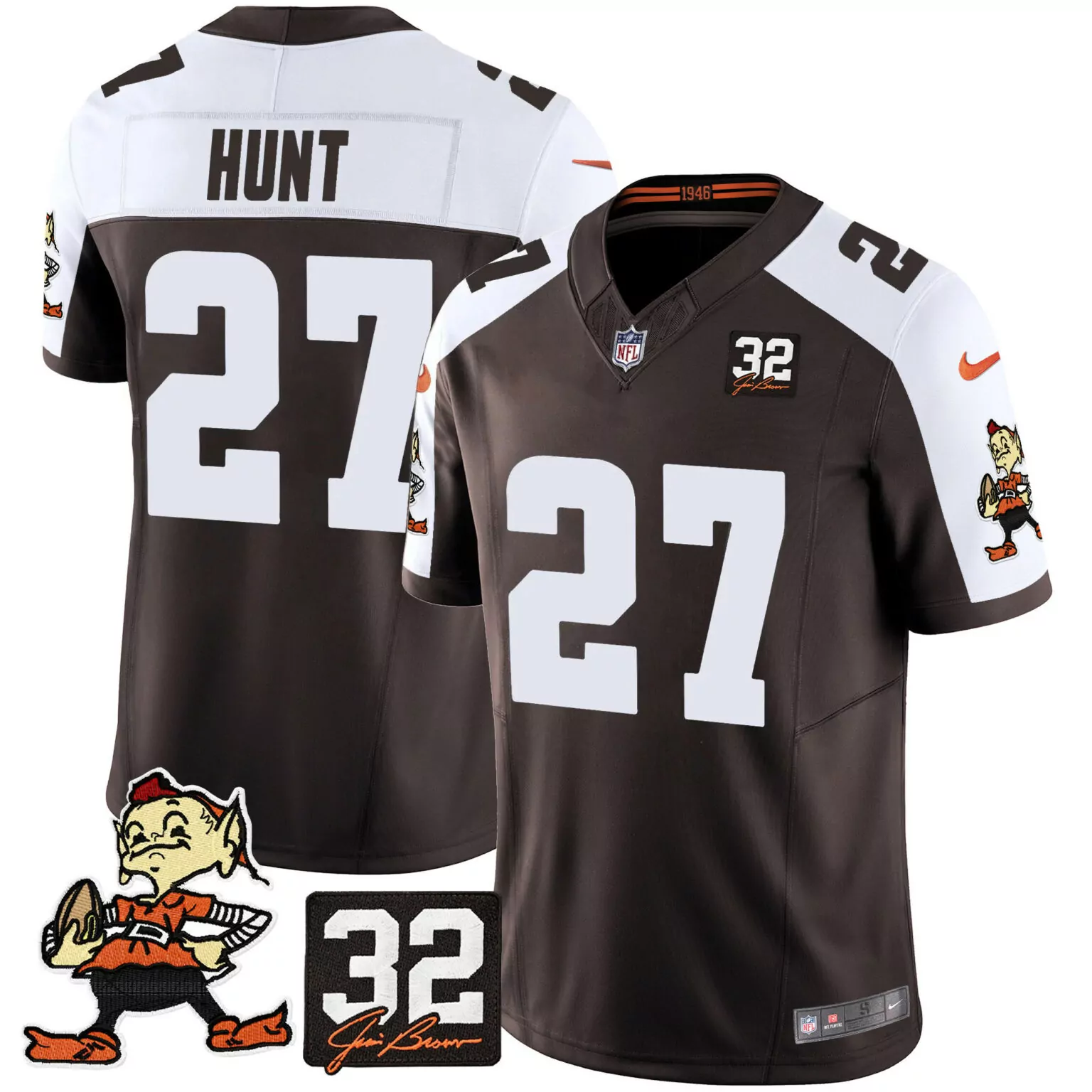 Hunt 27 Cleveland Browns Jersey Brown Jim Browns' Elf Mascot Men Player White Alternate