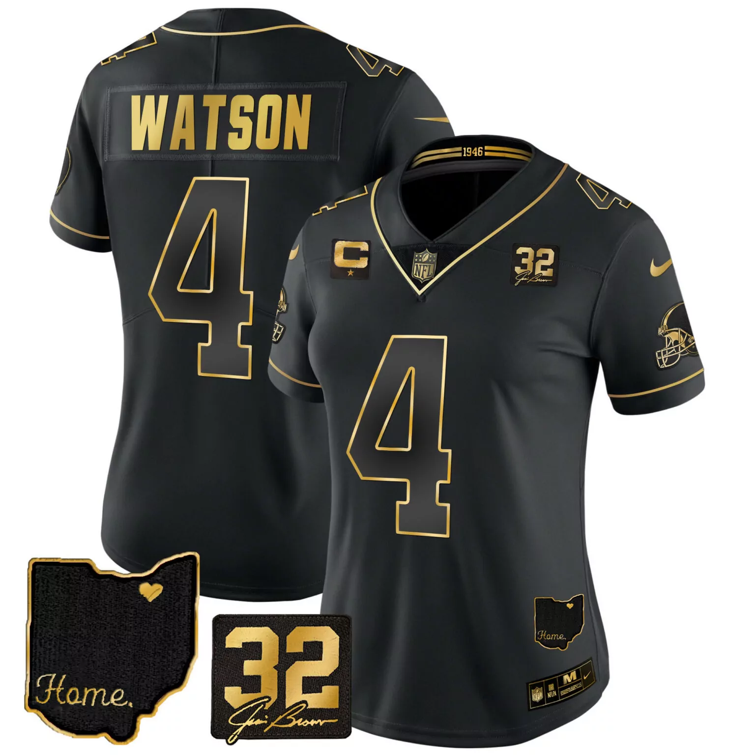 Deshaun Watson 4 Cleveland Browns Jersey Black 1946 Ohio State Shape Heart Jim Brown 32
