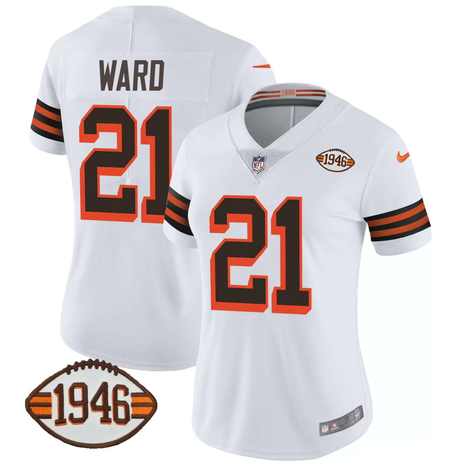 Denzel Ward 21 Cleveland Browns Jersey White 1946 Women Authentic Alternate Brown