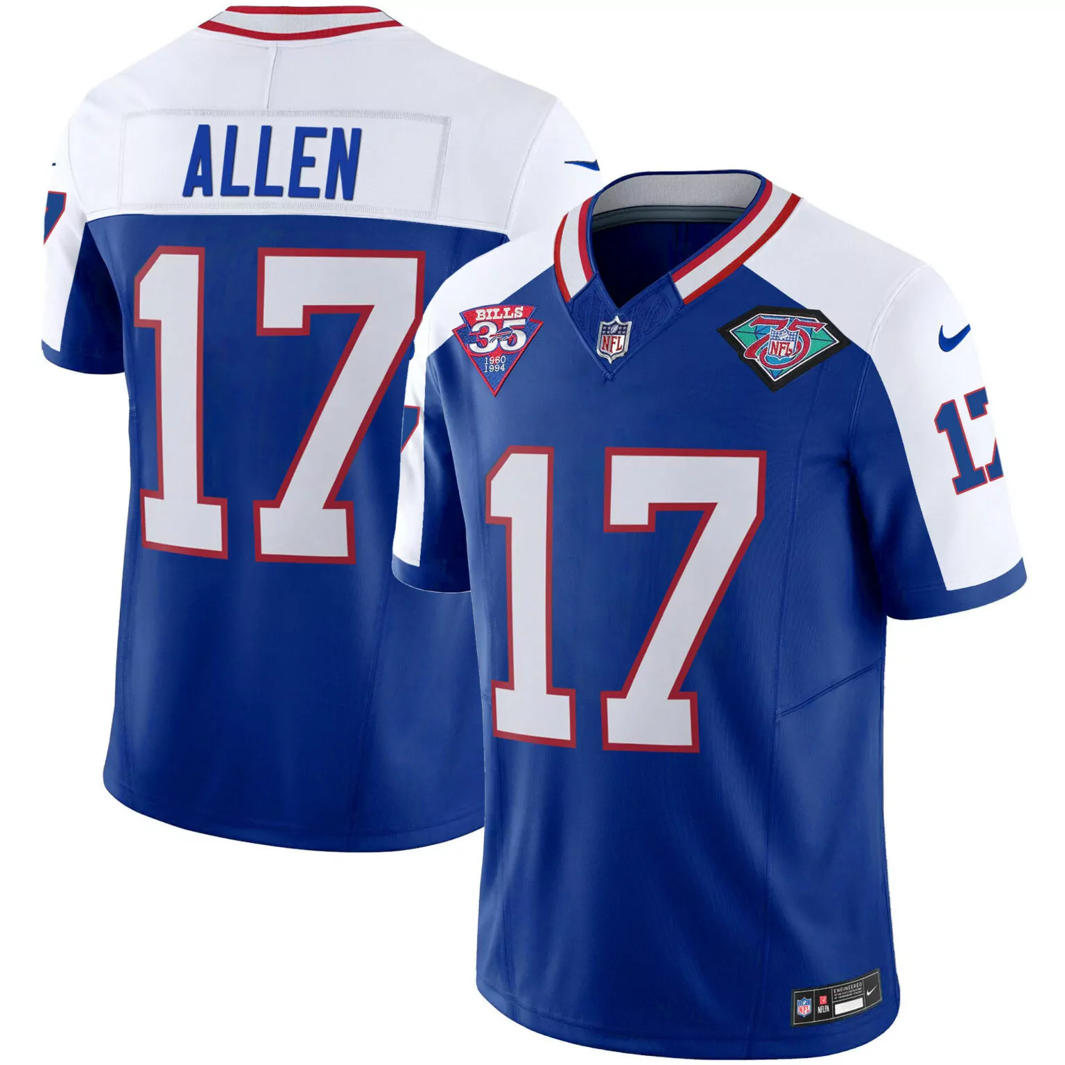 Josh Allen 17 Buffalo Bills Jersey Royal Blue 75th Anniversary Men White Red Alternate