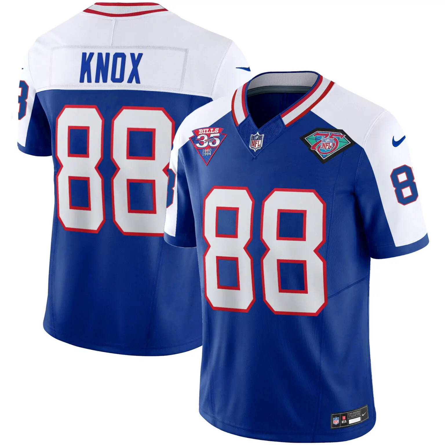 Dawson Knox 88 Bills Jersey Blue 75th Anniversary Men Player Split Design White Red