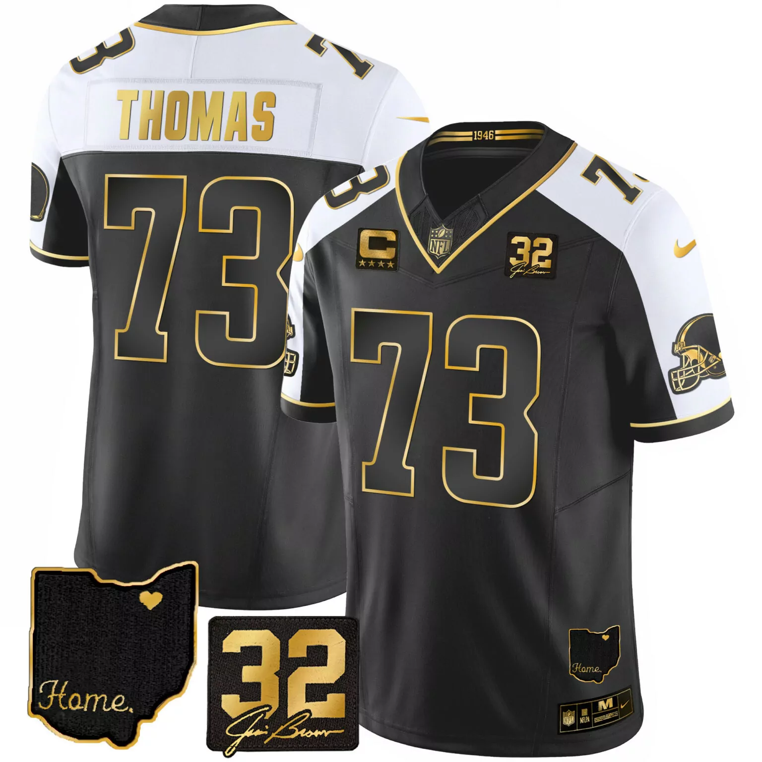 Thomas 73 Cleveland Browns Jersey Black Commemorative Joe Brown 32 Ohio Shape Heart "home."