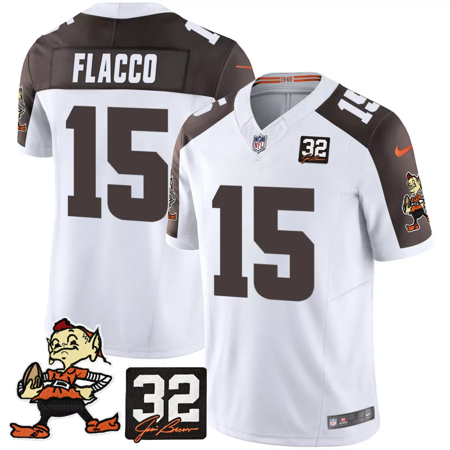 Joe Flacco 15 Cleveland Browns Jersey White Jim Brown 32 Elf Mascot Men Standard