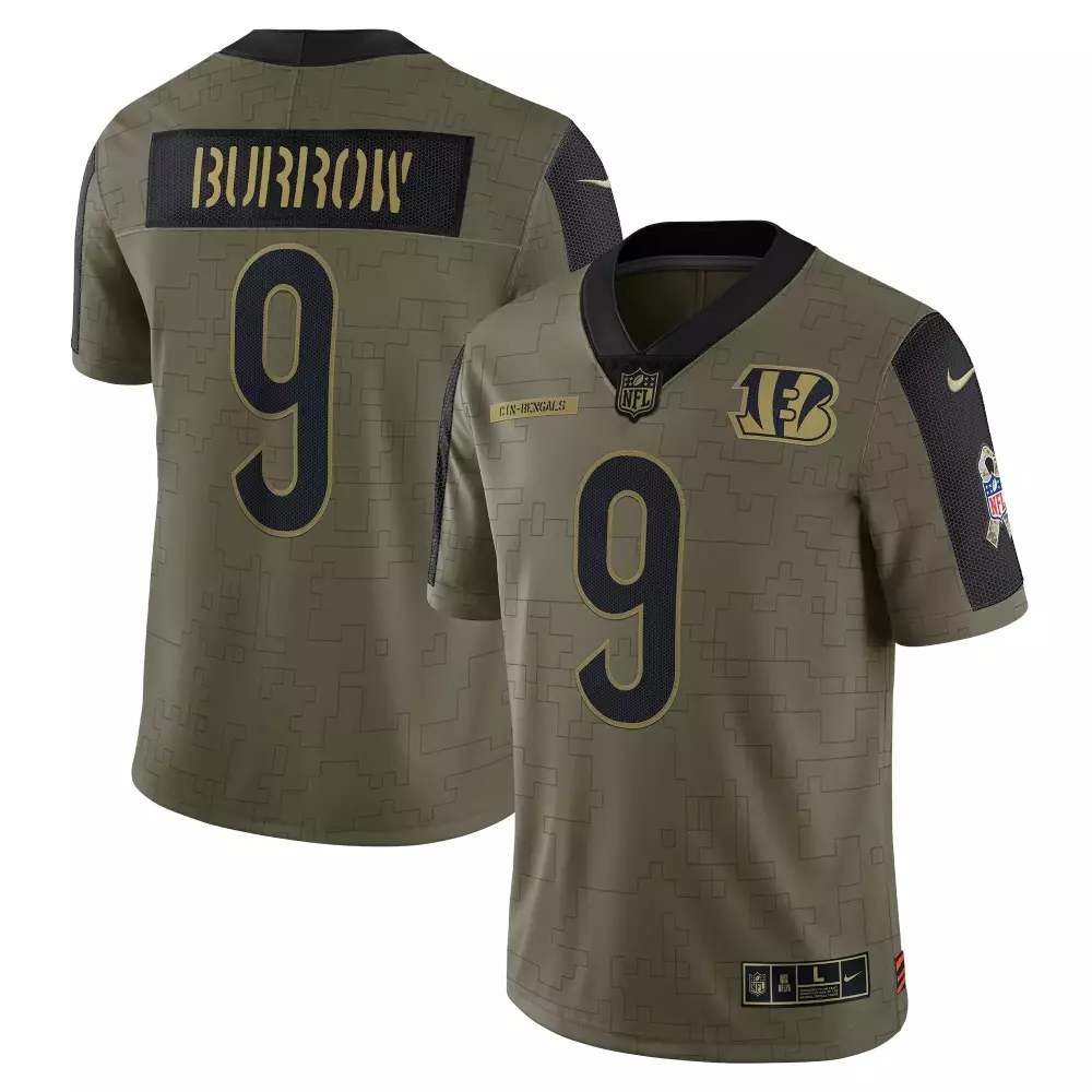 Joe Burrow 9 Cincinnati Bengals Jersey Olive Green Salute To Service Men Alternate