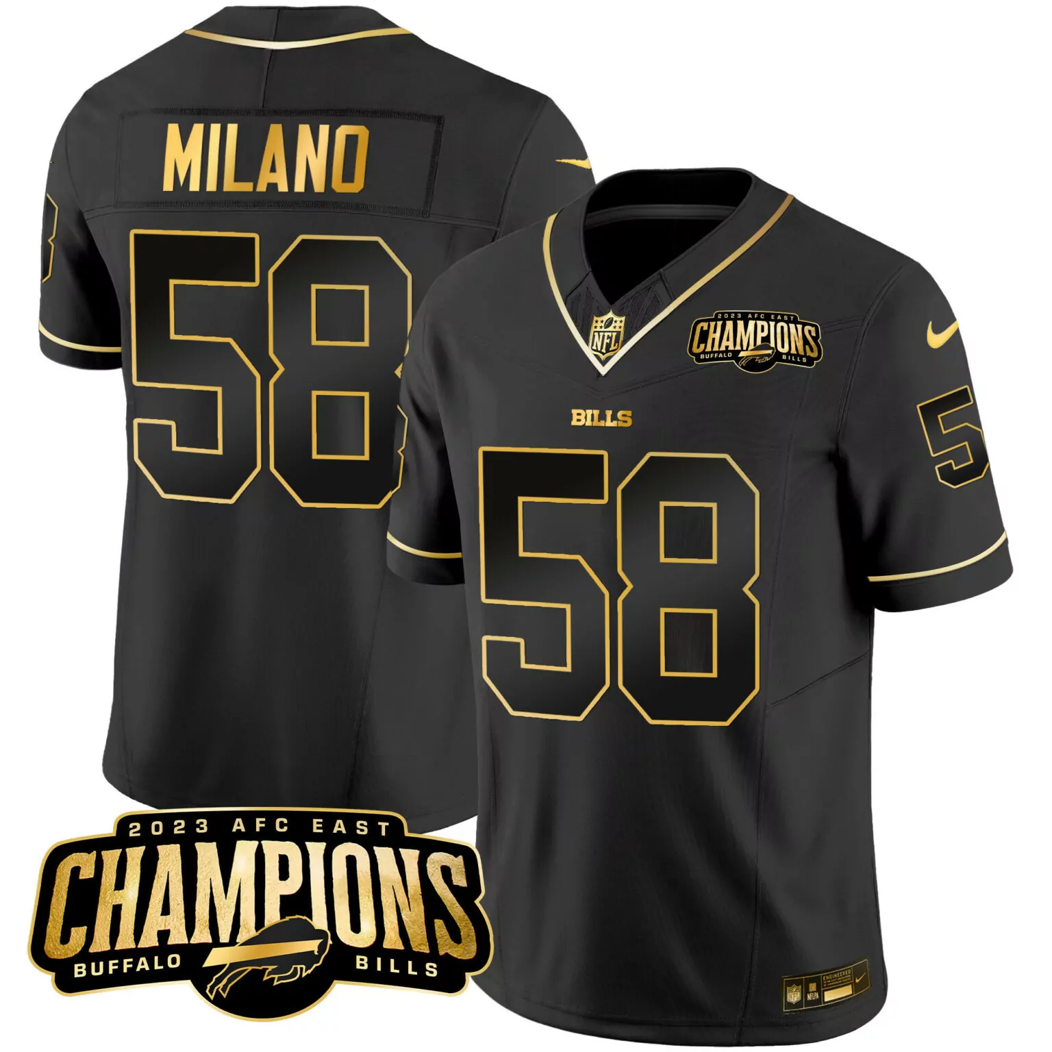 Matt Milano 58 Buffalo Bills Jersey Black AFC East Champions 2023 Men NFL Gold All