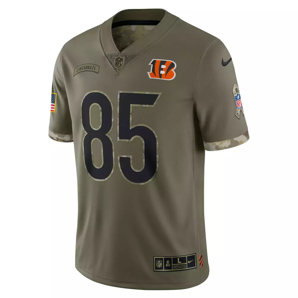 Custom Cincinnati Bengals 85 Jersey Olive Drab Salute To Service American Flag Ribbon