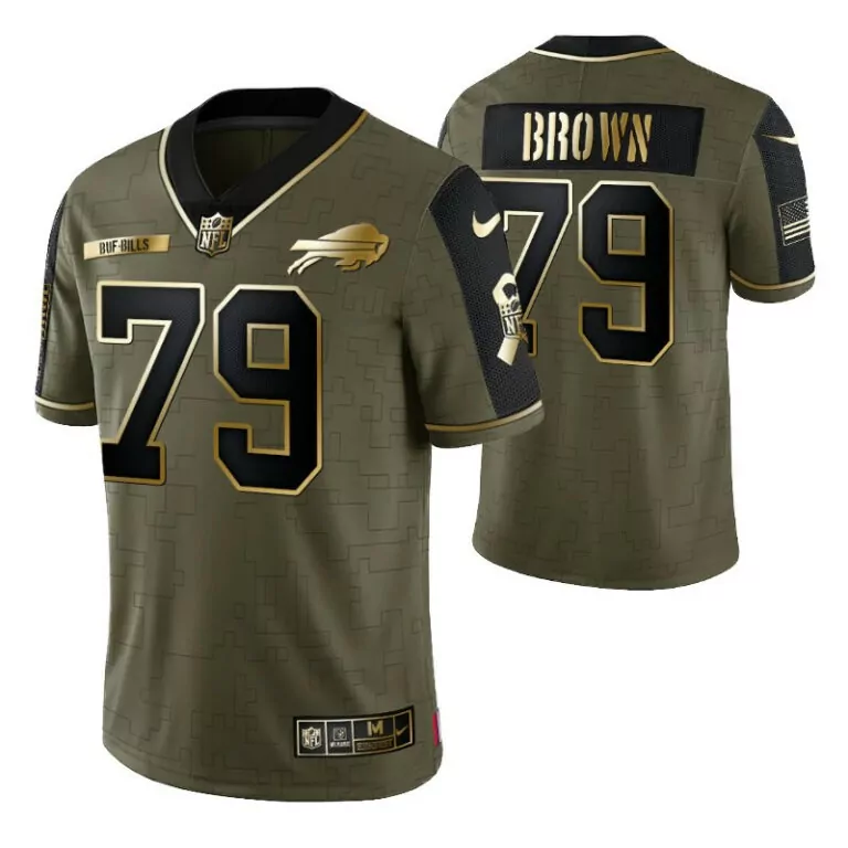 Brown 79 Buf Bills Jersey Green Salute To Service Us Flag Skull Men Black Gold