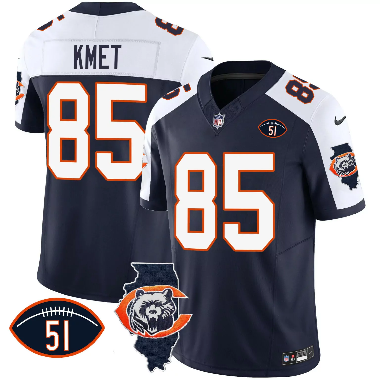 Cole Kmet 85 Chicago Bears Jersey Navy Blue Within Illinois Outline Football Number 51