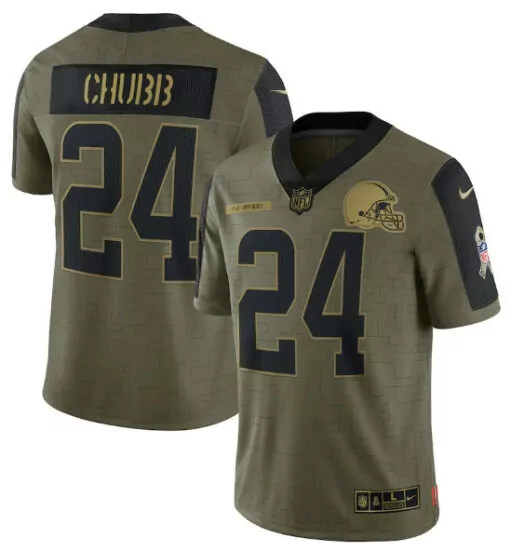 Nick Chubb 24 Cleveland Browns Jersey Olive Green Salute To Service Men NFL Black