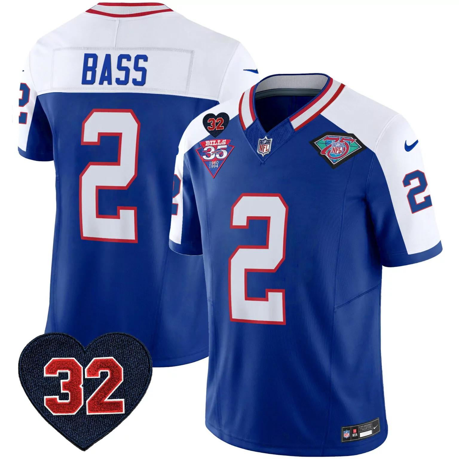 Tyler Bass 2 Bills Jersey Royal Blue 75th Anniversary 35th 2021 Men Short Sleeve