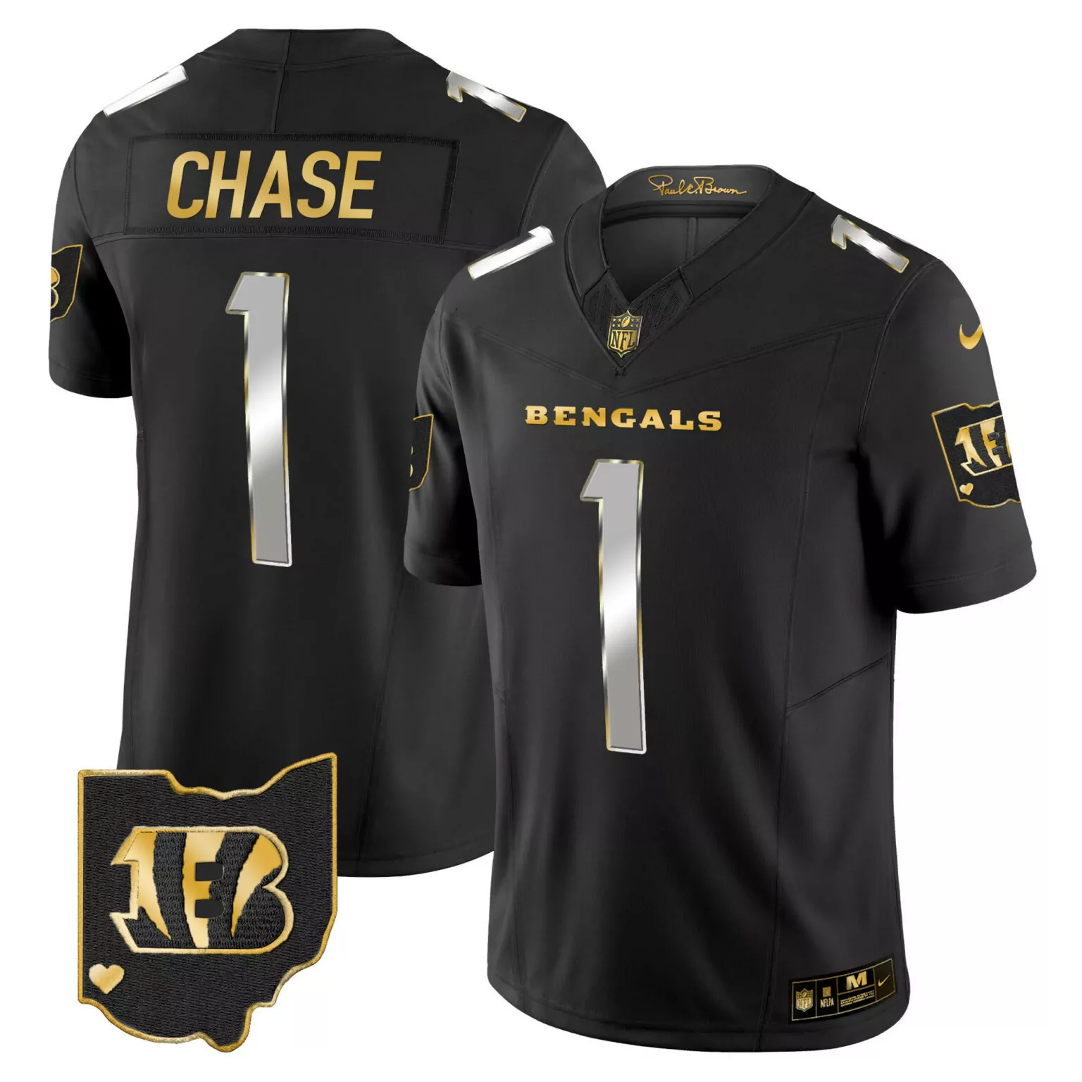 Ja'marr Chase 1 Bengals Jersey Black AFC North Paul Brown Signature Ohio Shape Heart