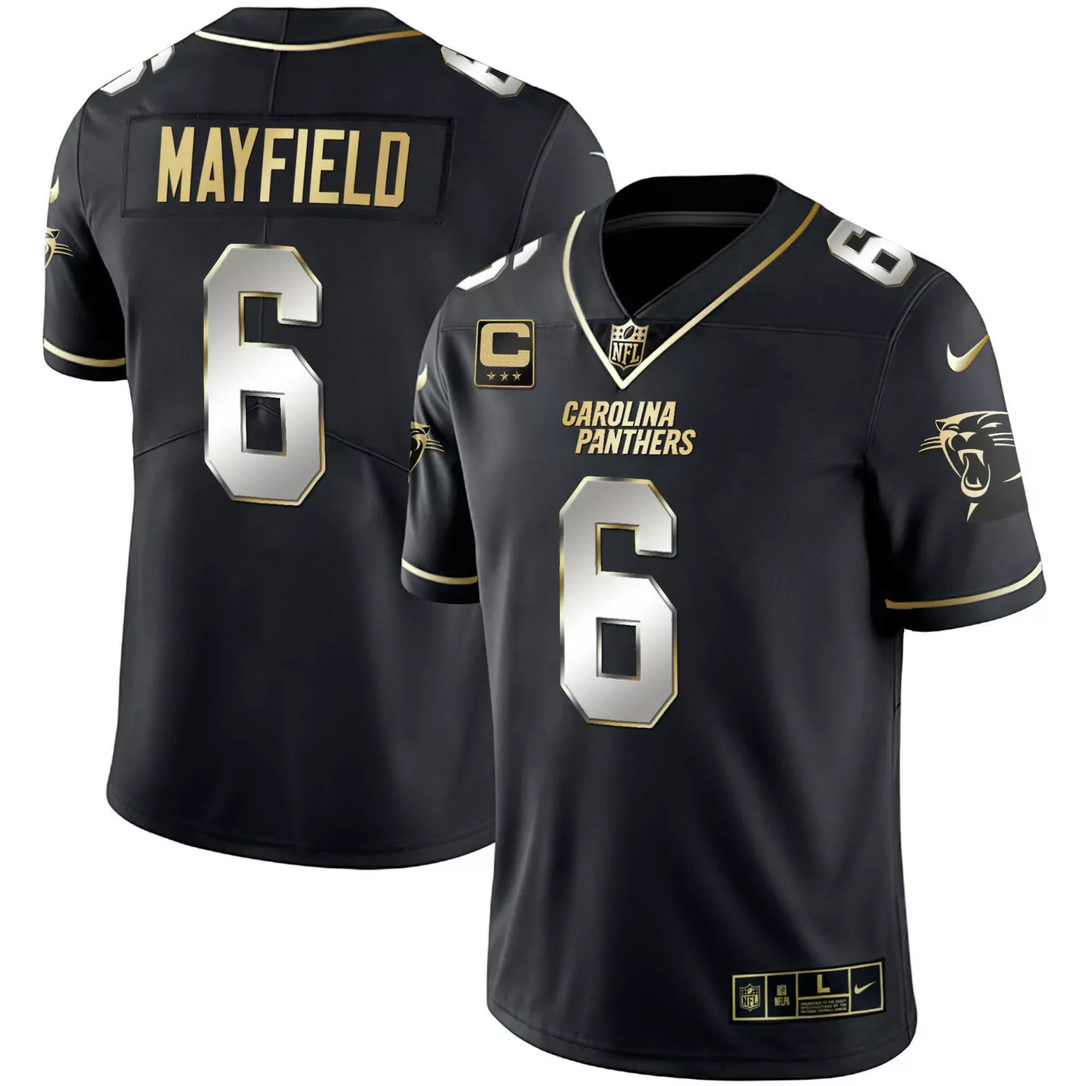 Baker Mayfield 6 Jersey Black Carolina Panthers Nflpa Men NFL Gold Silver All Stitched