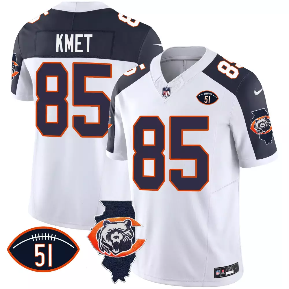 Cole Kmet 85 Chicago Bears Jersey White Illinois State Outline Patch Number 51 Men