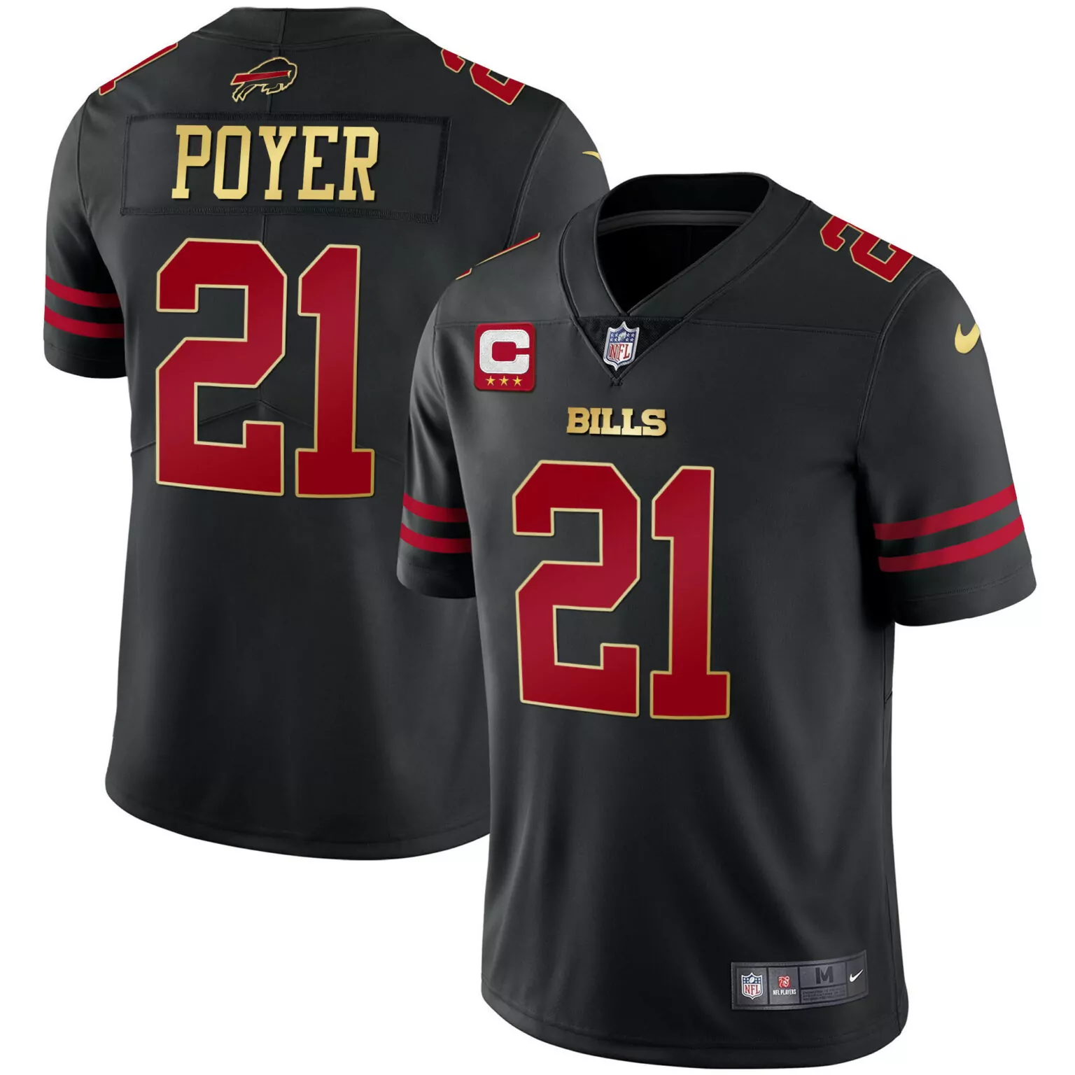 Poyer 21 Buffalo Bills Jersey Black Captain Men On-field Alternate Red Gold All Stitched
