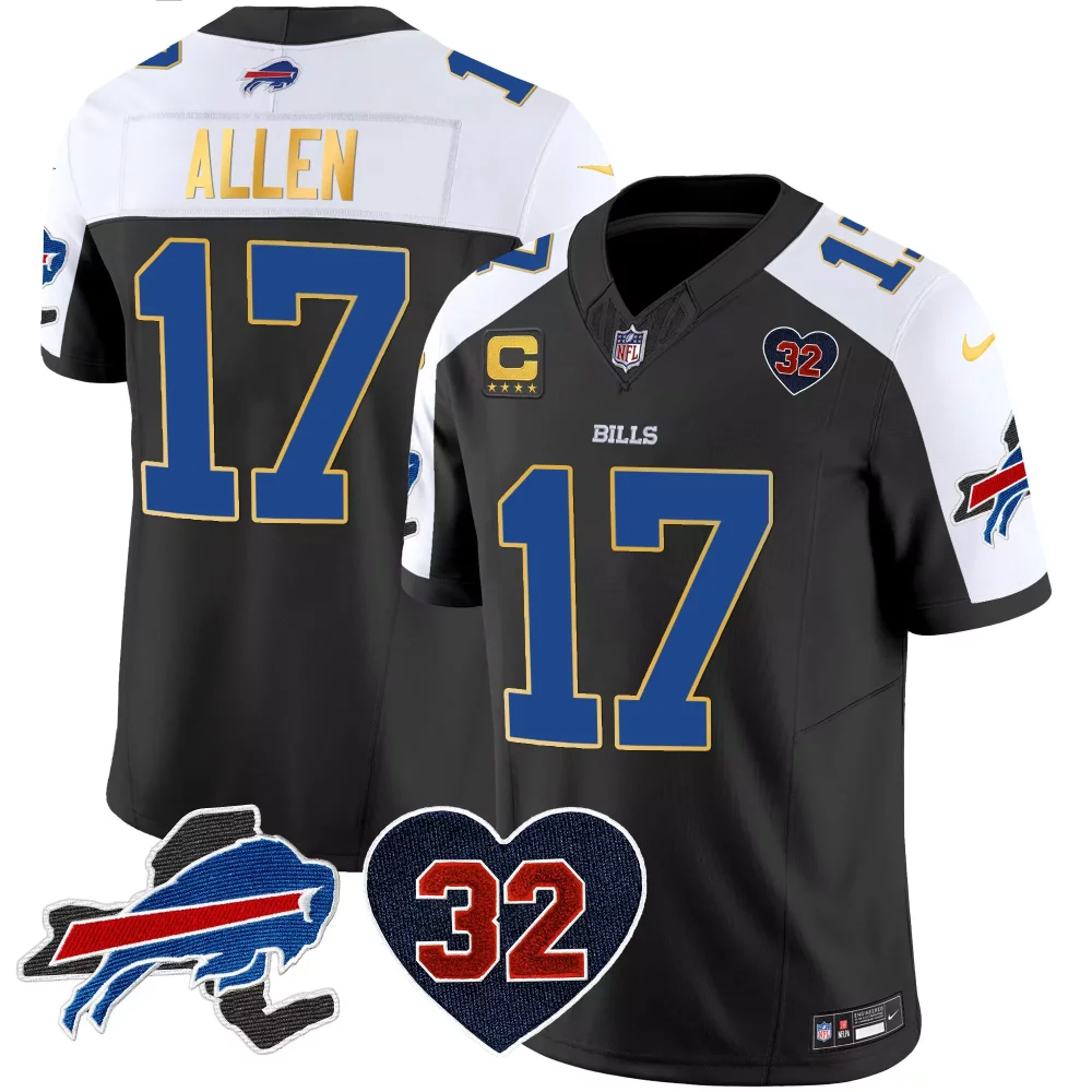 Josh Allen 17 Bills Jersey Black 32 Heart Men NFL Alternate Split Design White Blue