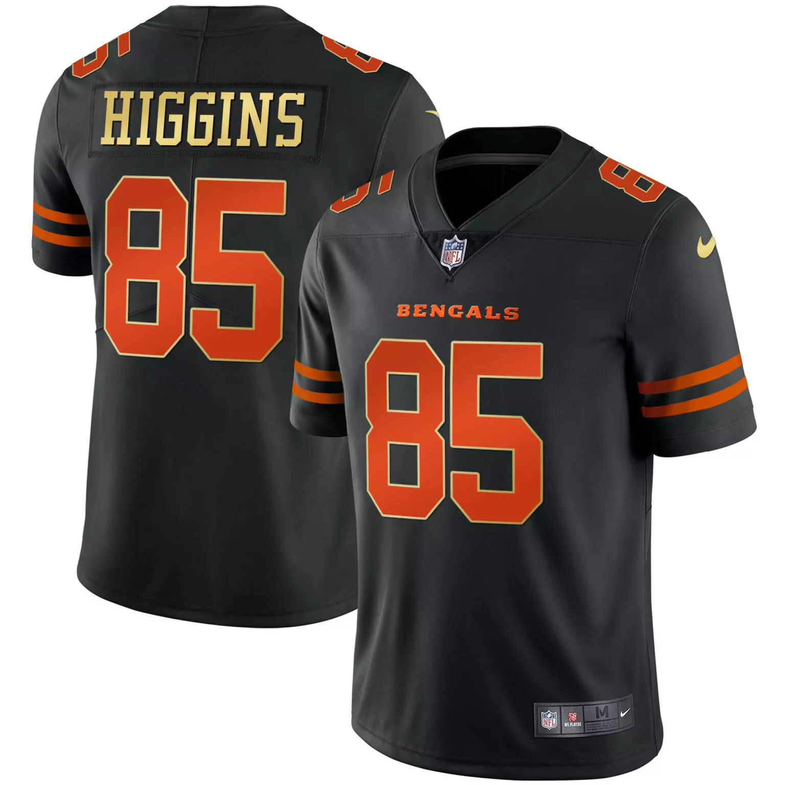 Tee Higgins 85 Bengals Jersey Black Men Standard Orange Gold All Stitched