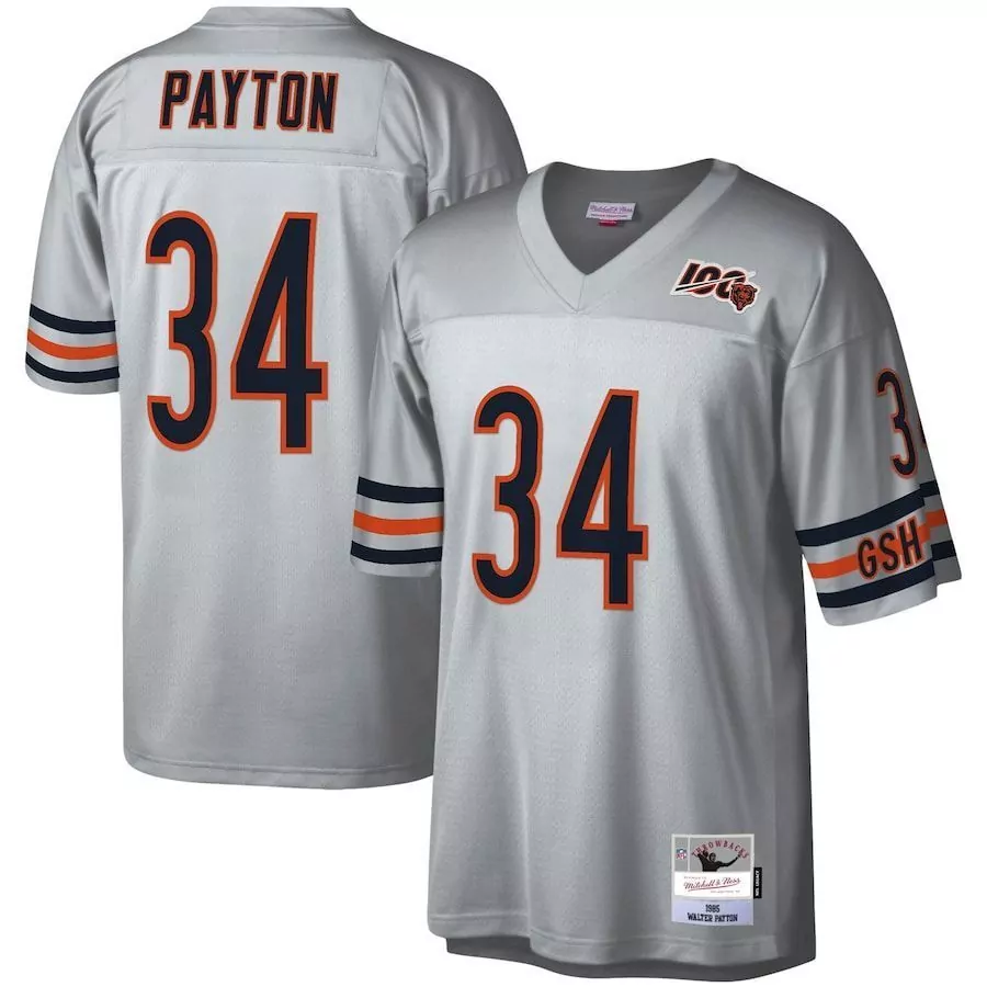 Walter Payton 34 Chicago Bears Jersey Silver NFL 100 100th Season Men Throwback Design
