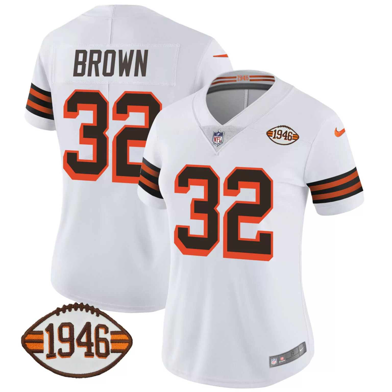 Jim Brown 32 Cleveland Browns Jersey White 1946 Anniversary Women Authentic Orange