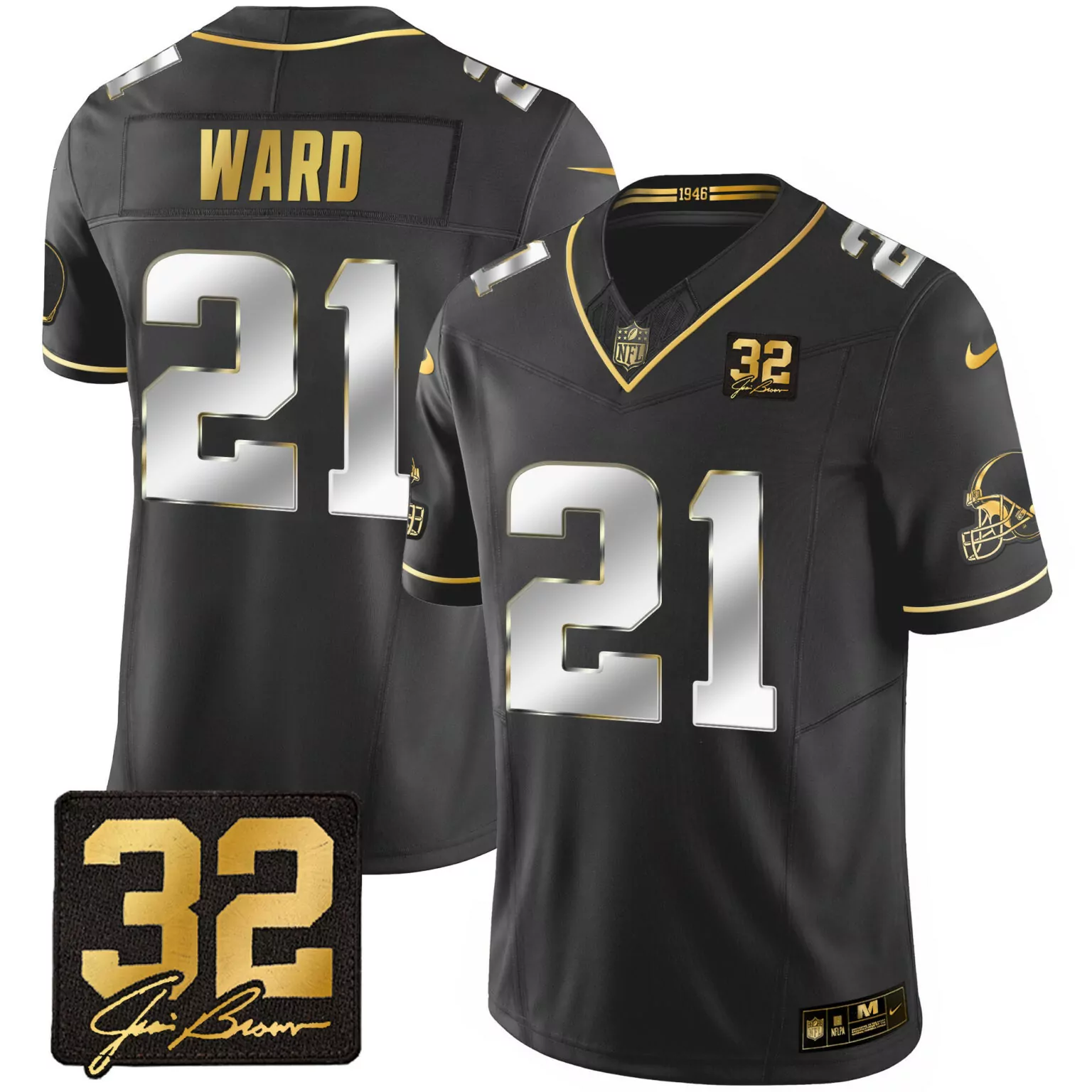 Denzel Ward 21 Cleveland Browns Jersey Black Jim Brown 32 Men Gold Silver All Stitched