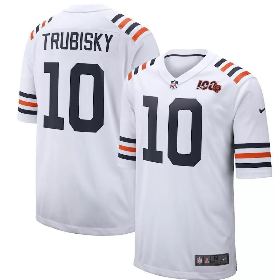Mitchell Trubisky 10 Jersey White 100th Season Chicago Bears Men Alternate Navy Orange