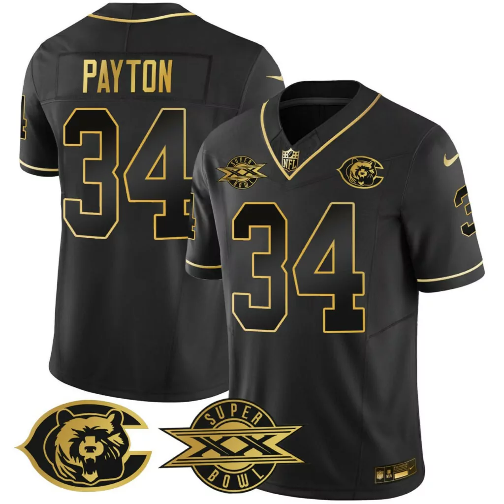 Walter Payton 34 Chicago Bears Jersey Black Super Bowl Xxx Men Player Gold All Stitched