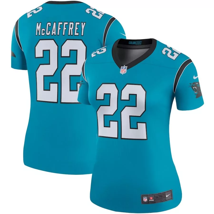 Christian Mccaffrey 22 Jersey Carolina Blue Panthers Women NFL Black White Rush