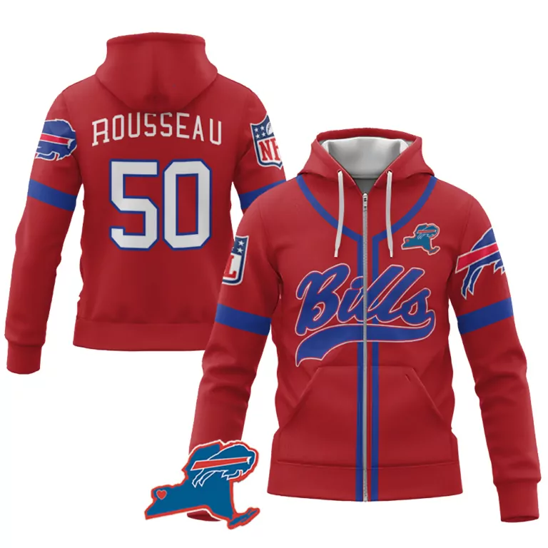 Greg Rousseau 50 Buffalo Bills Jersey Red Men Full Zip Hoodie Blue
