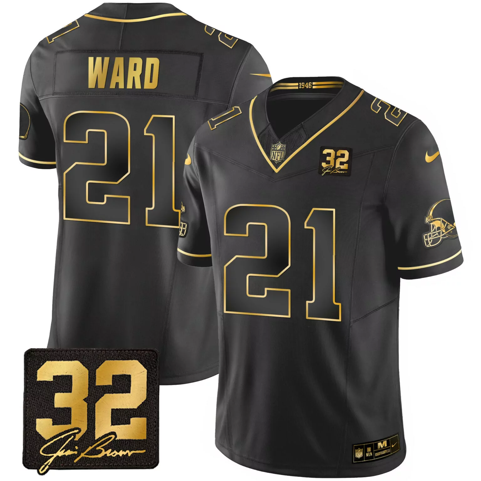 Denzel Ward 21 Cleveland Browns Jersey Black 1946 75th Anniversary Men Gold All Stitched