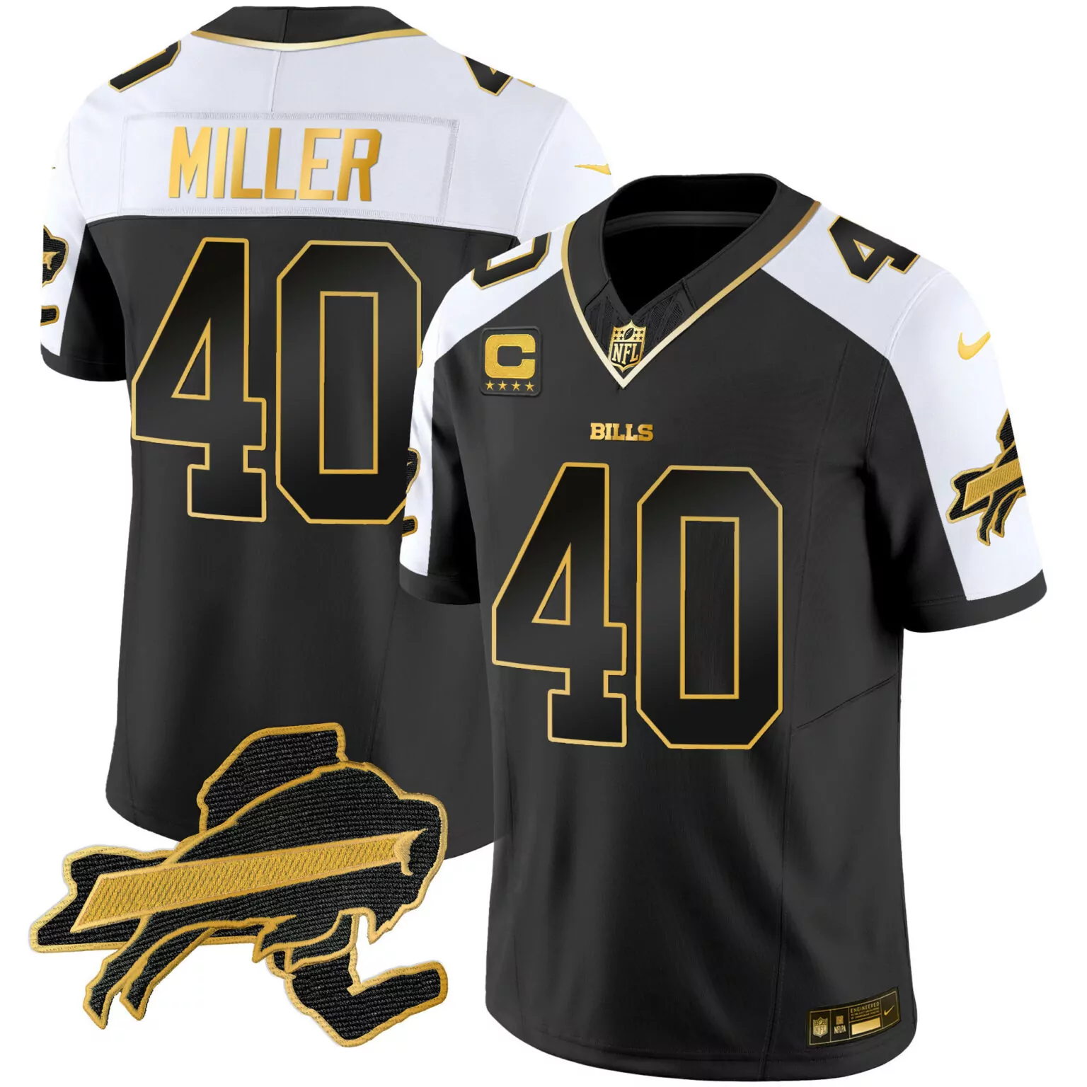 Von Miller 40 Bills Jersey Black 13 Seconds Men Full_dye Split Design White Gold